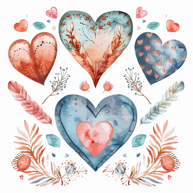 Vector watercolor boho valentine clipart isolated on white background