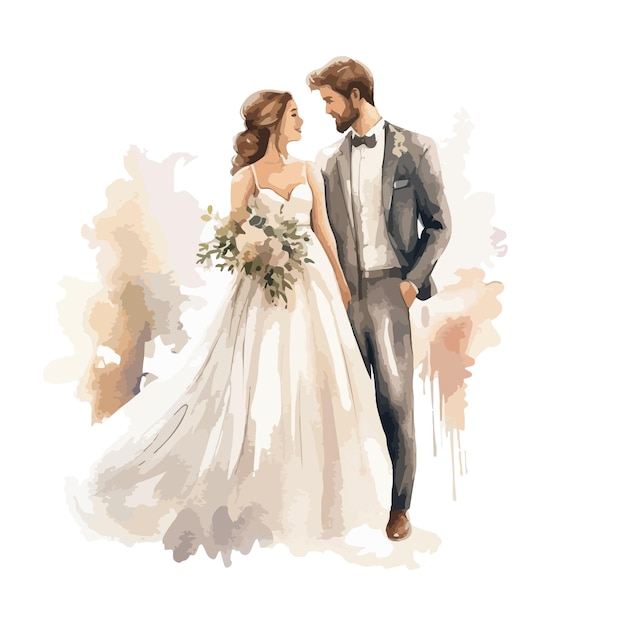 Watercolor boho wedding happy couple with flowers clipart vector illustration generative AI Elegant husband and wife with floral bouquet romantic love marriage art paint drawing neutral colors