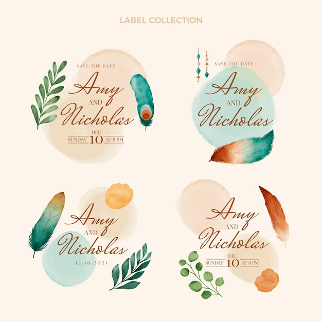 Watercolor boho wedding label and badges