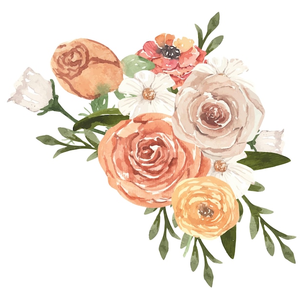 Watercolor botanical bouquet with autumn flowers in orange