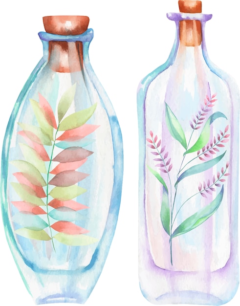 Watercolor bottles with forest branches with leaves and flowers inside