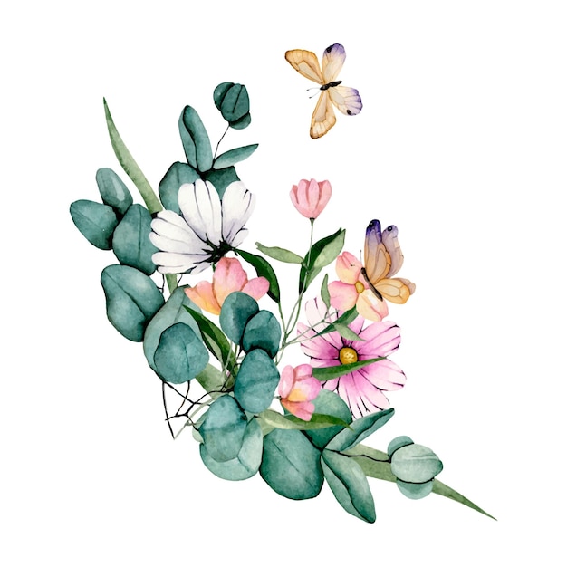 Watercolor bouquet of eucalyptus and butterflies