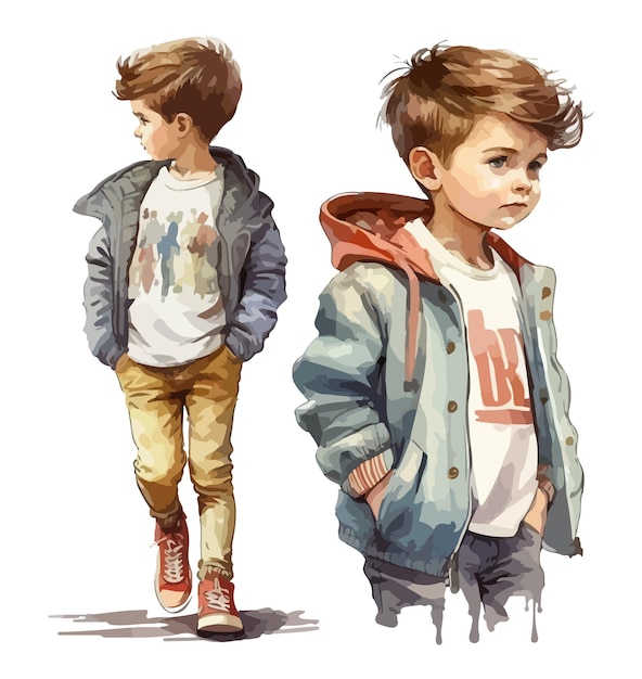 Watercolor Boy Cartoon Vector Illustration