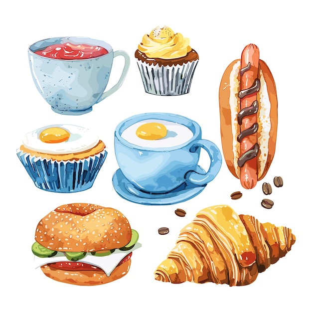 Vector watercolor breakfast food illustration coffee croissant cupcake bagel hot dog eggs