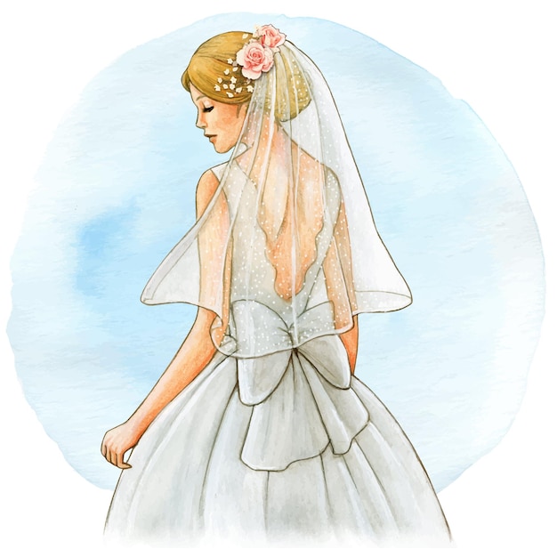 Watercolor bride illustration white gown and veil