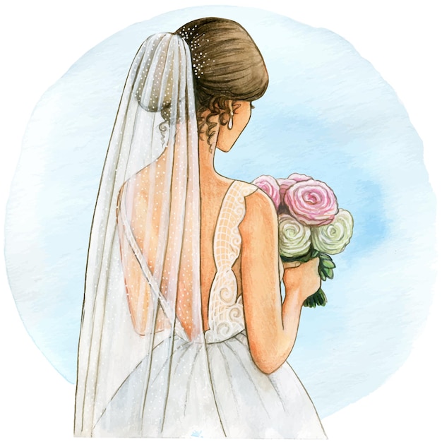 Watercolor bride illustration white gown and veil