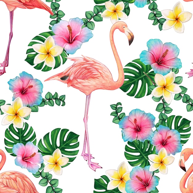 Watercolor bright flamingo pattern and tropical flowers