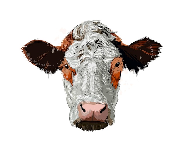 Vector watercolor brown cow head on white