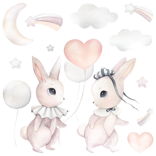 Watercolor bunny rabbit hare gray set balloons cutie cute animal portrait in pastel colors stickers