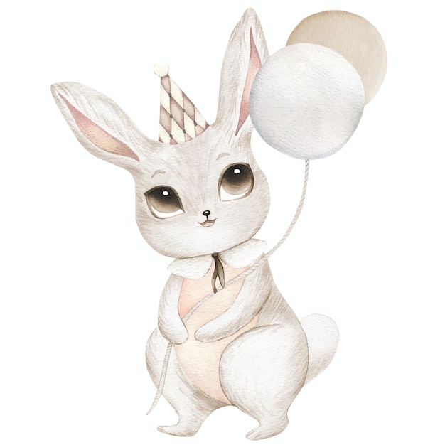 Watercolor bunny rabbit hare gray set balloons kite cute animal portrait in pastel colors stickers