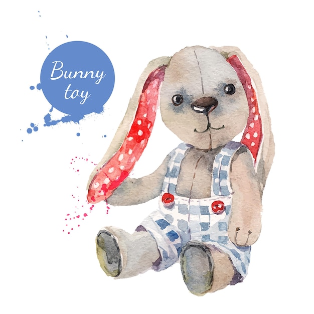 Watercolor bunny toy Vector illustration for greeting card