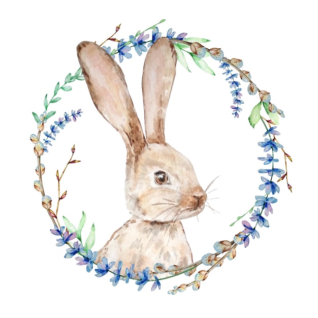 Watercolor bunny with floral wreath. Hand painted rabbit with lavender, willow and tree branch isolated