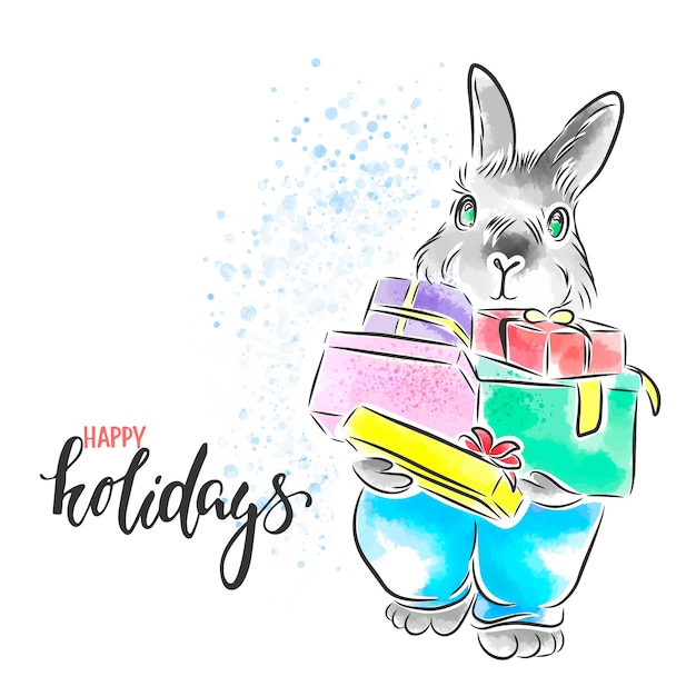 Watercolor bunny with gifts Happy holidays handwritten quote postcard