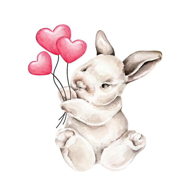 Watercolor bunny with red heart balloons