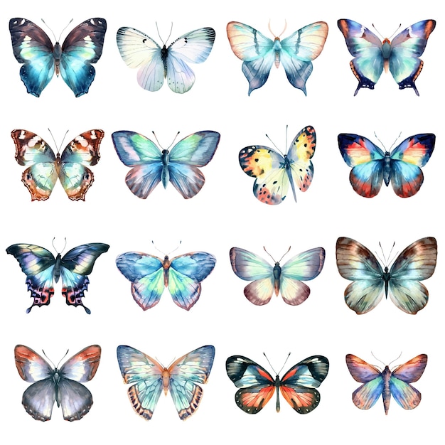 Watercolor butterflies set isolated on white background Hand drawn illustration