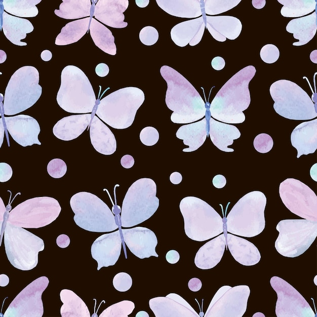 Watercolor butterfly purple pattern on black. Vector illustration