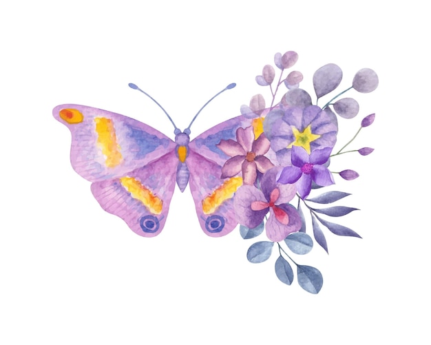 Watercolor butterfly with blue and purple flower bouquet