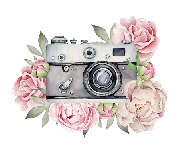 Watercolor camera with flower composition