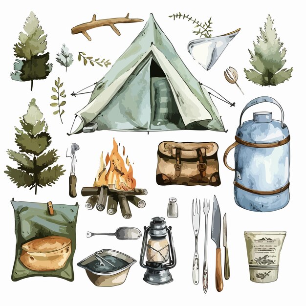 Vector watercolor camping clipart isolated on white background