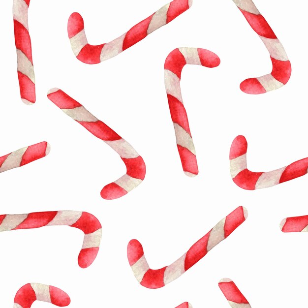 Vector watercolor candy cane, christmas stick seamless pattern