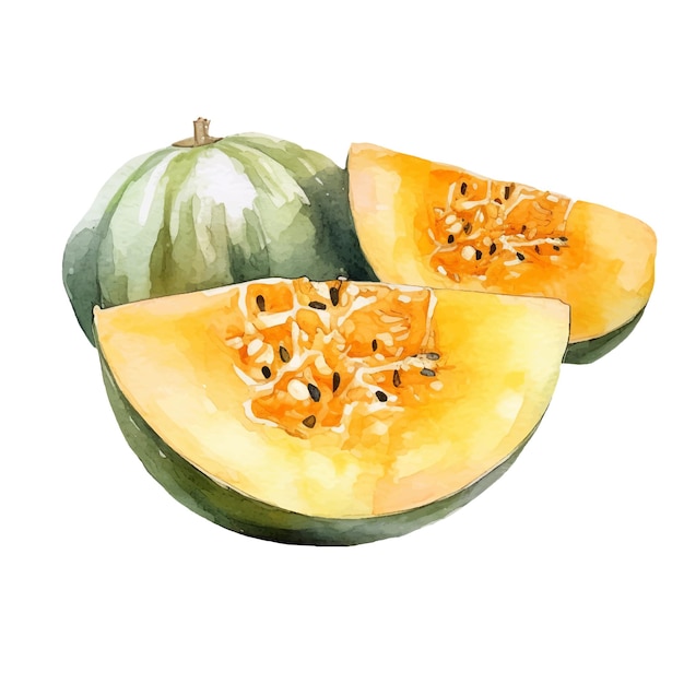 Watercolor Cantaloupe Illustration Handdrawn fresh food design element isolated on a white background