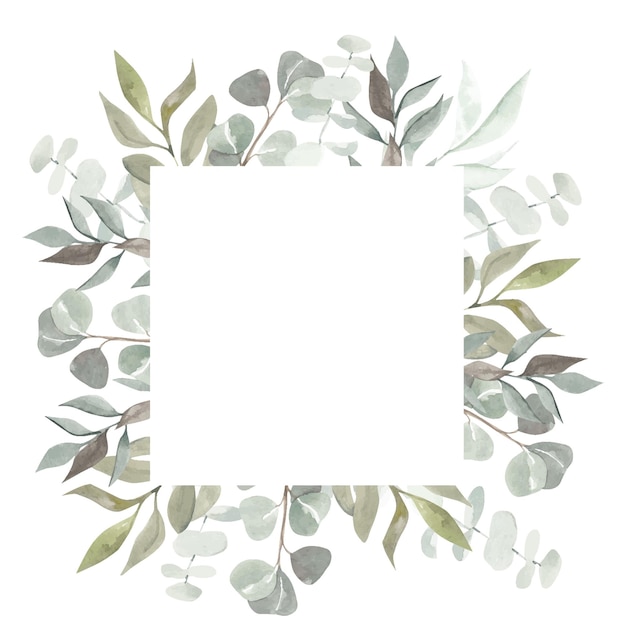 Watercolor card with eucalyptus branch Hand painted floral frame with round leaves of silver dol