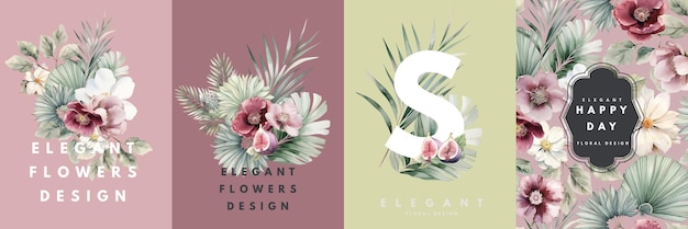 Watercolor cards design templates with flowers and figs fruits