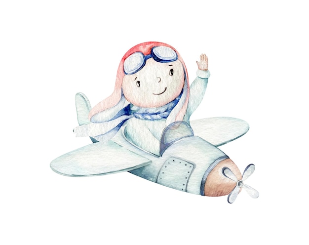 Watercolor cartoon baby boy pilot on plane