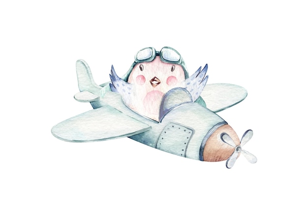 Watercolor cartoon bird pilot on plane