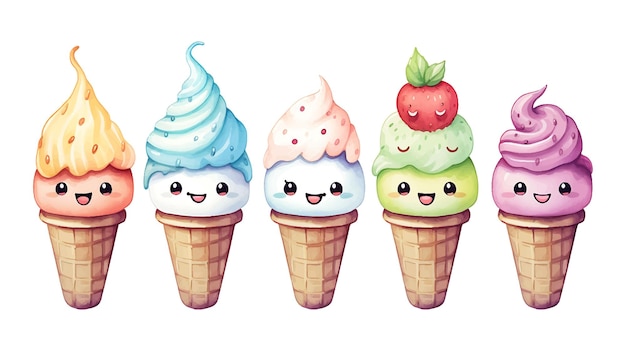 Watercolor cartoon ice cream set on a white background