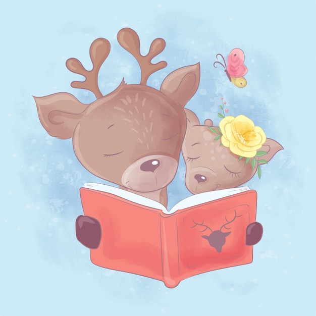 Watercolor cartoon illustration of a cute deer dad and daughter are reading a book