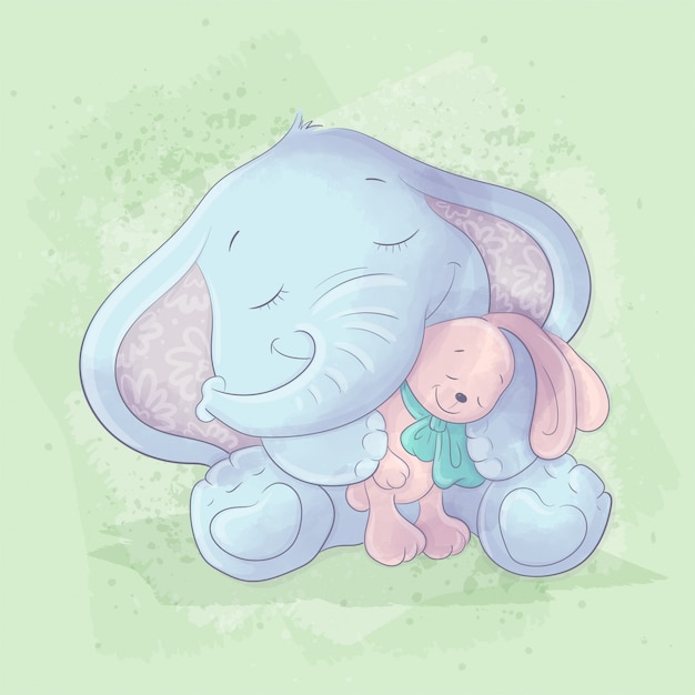 Watercolor cartoon illustration of a cute elephant with a rabbit toy