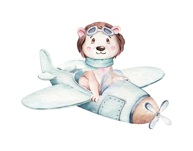 Watercolor cartoon lion pilot on plane