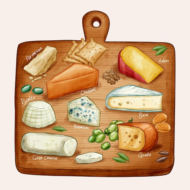 Watercolor cheese board illustration