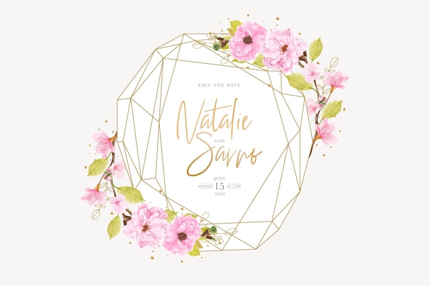 Vector watercolor cherry blossom gold frame design