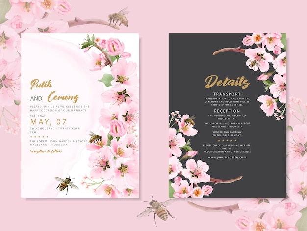 watercolor cherry blossom wedding invitation card template