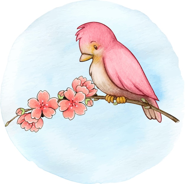 Watercolor cherry branch and cute bird