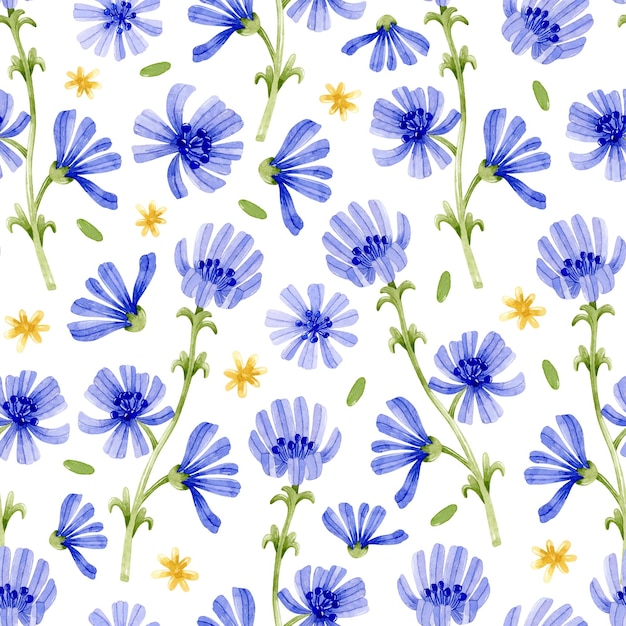 Watercolor chicory flower branches seamless pattern