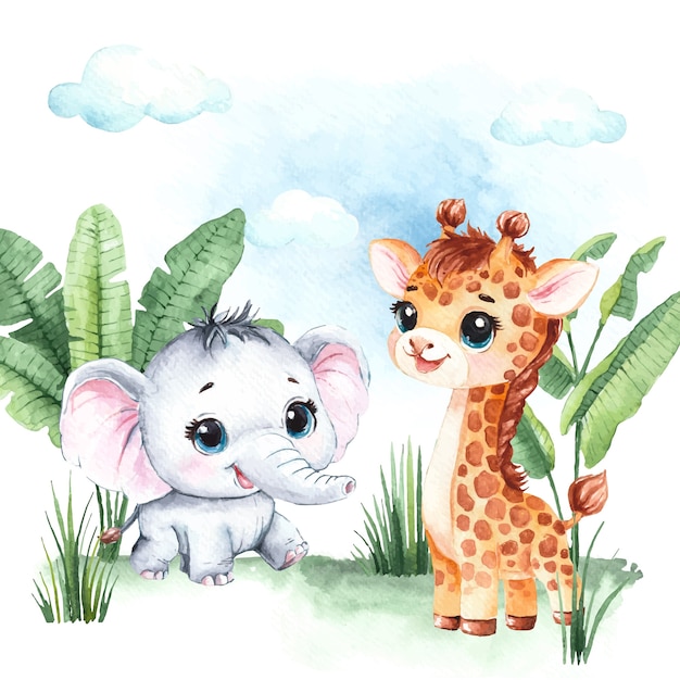 Watercolor childlike animals illustration