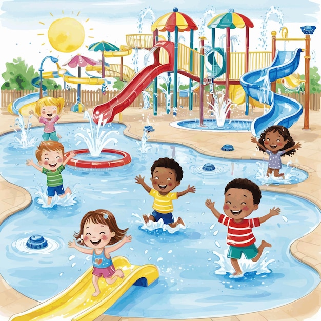 watercolor children playing in water park