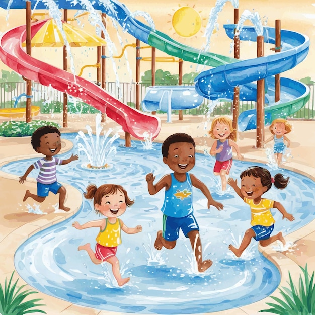 watercolor children playing in water park