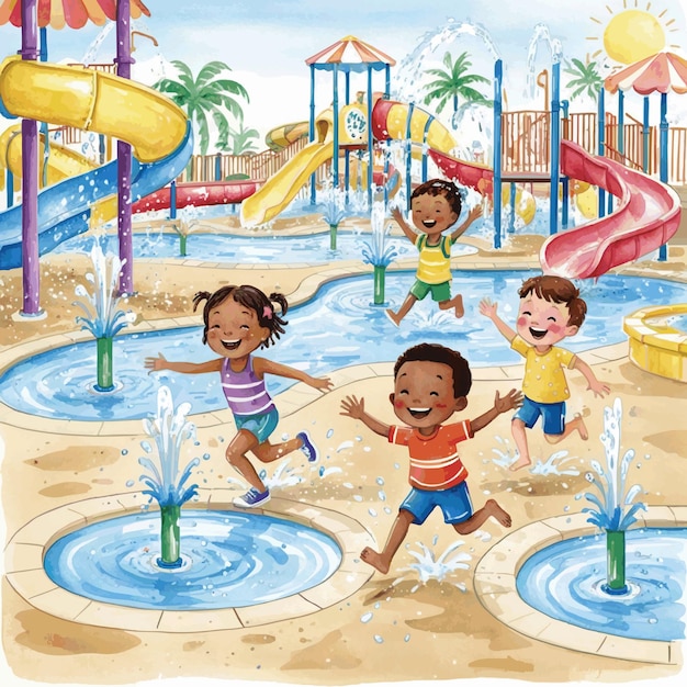 watercolor children playing in water park