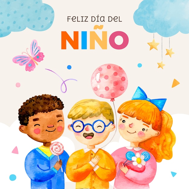 Watercolor children's day in spanish illustration