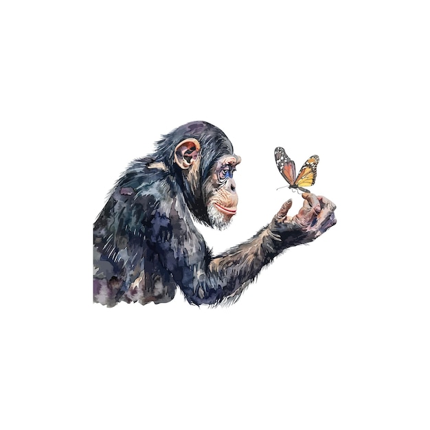 Vector watercolor chimpanzee holding butterfly vector illustration design