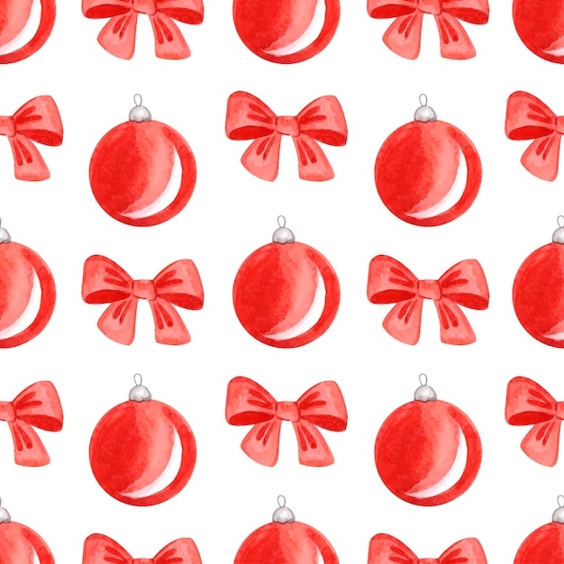 Watercolor Christmas ball pattern. Red bows and toys. Colorful watercolor element