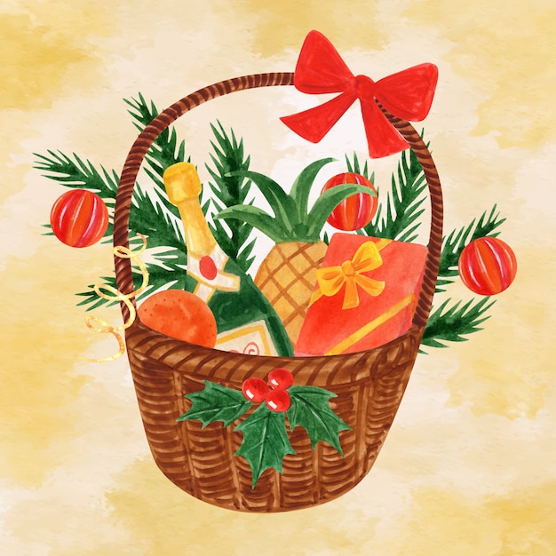 Vector watercolor christmas basket illustration