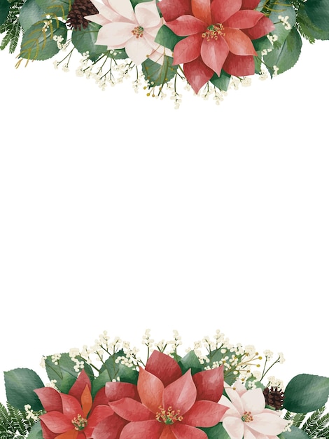 Watercolor christmas border frame new year green spruce tree branches leaf and poinsettia flowers.