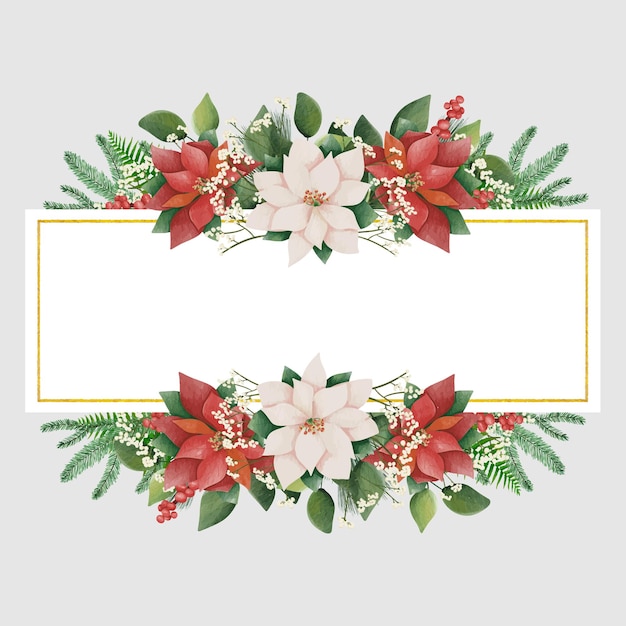 Watercolor christmas border new year green spruce tree branches leaf and Poinsettia Flowers.