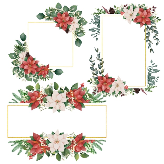 Watercolor christmas border set new year green spruce tree branches leaf and Poinsettia Flowers.