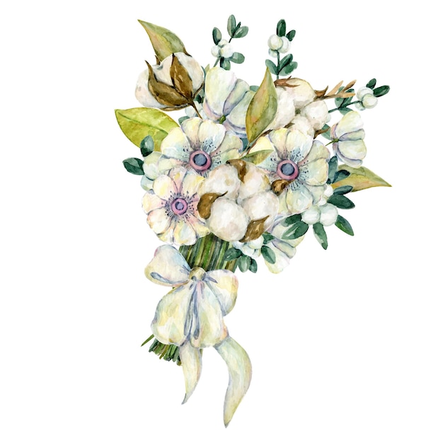 Watercolor christmas bouquet made of winter flowers anemone cotton branches leaves mistletoe